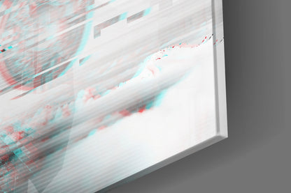 Angled close-up of glass wall art with red and cyan abstract streaks on white background, showing beveled edge detail.