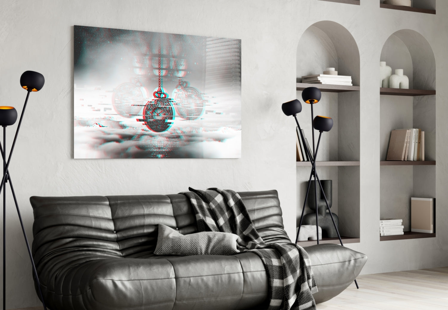 Modern living room with glitch-effect pocket watch glass art displayed above black leather sofa with throw blanket.