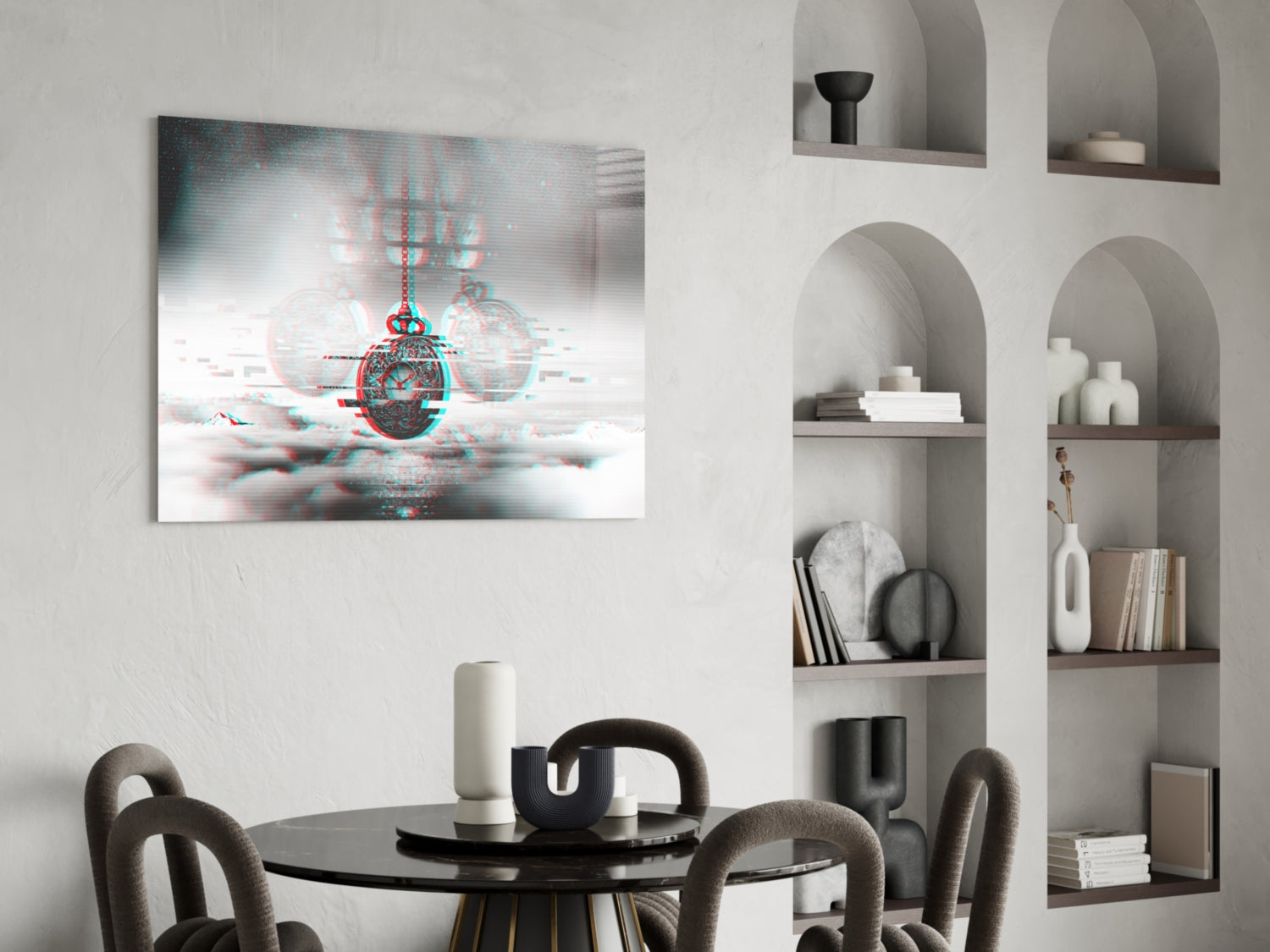 Pocket Clock Glass Wall Art displayed above a round black dining table in a modern interior with white built-in shelving.