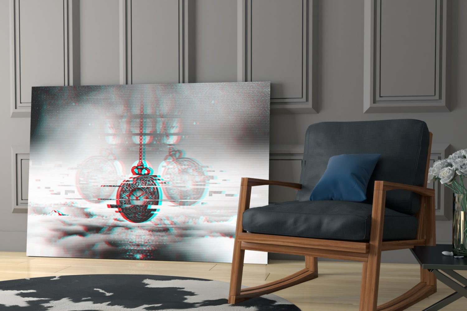 Pocket Clock Glass Wall Art displaying red and cyan glitch effect ornate timepiece leaning against modern interior wall beside wooden chair.