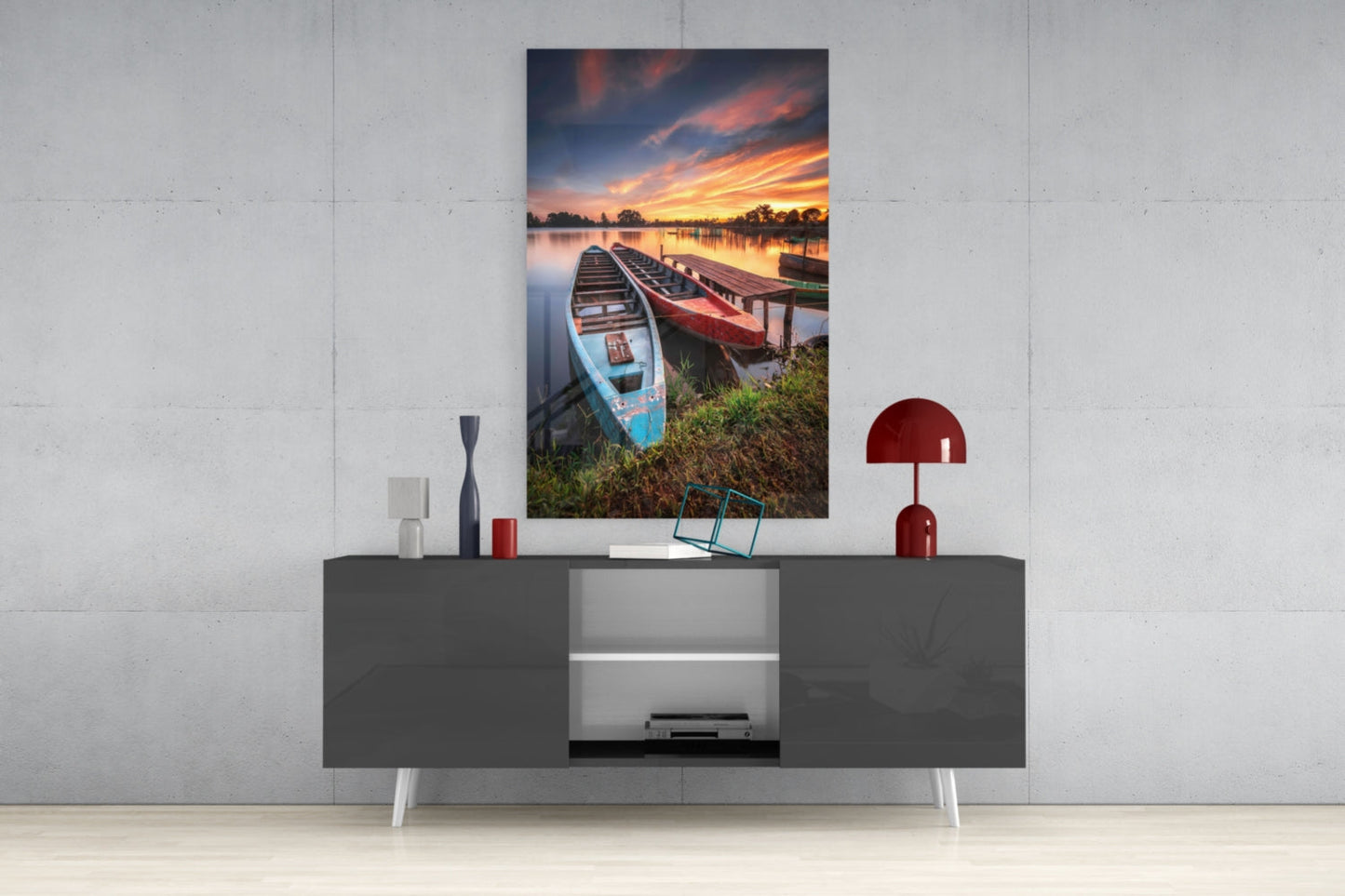 Sunset Rowboats at Wooden Dock Glass Wall Art