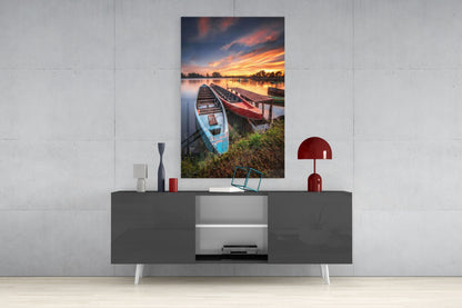 Sunset Rowboats at Wooden Dock Glass Wall Art