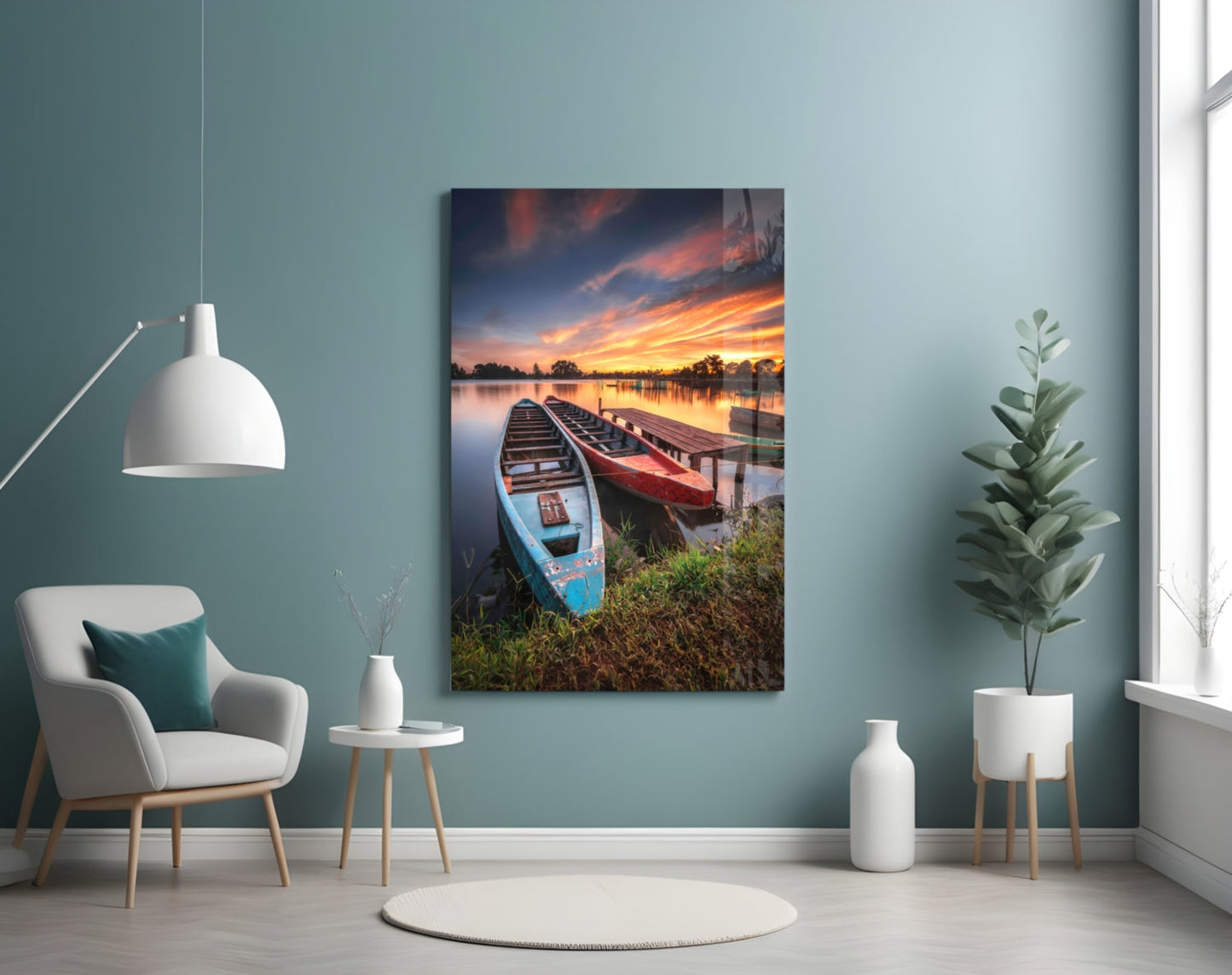 Sunset Rowboats at Wooden Dock Glass Wall Art