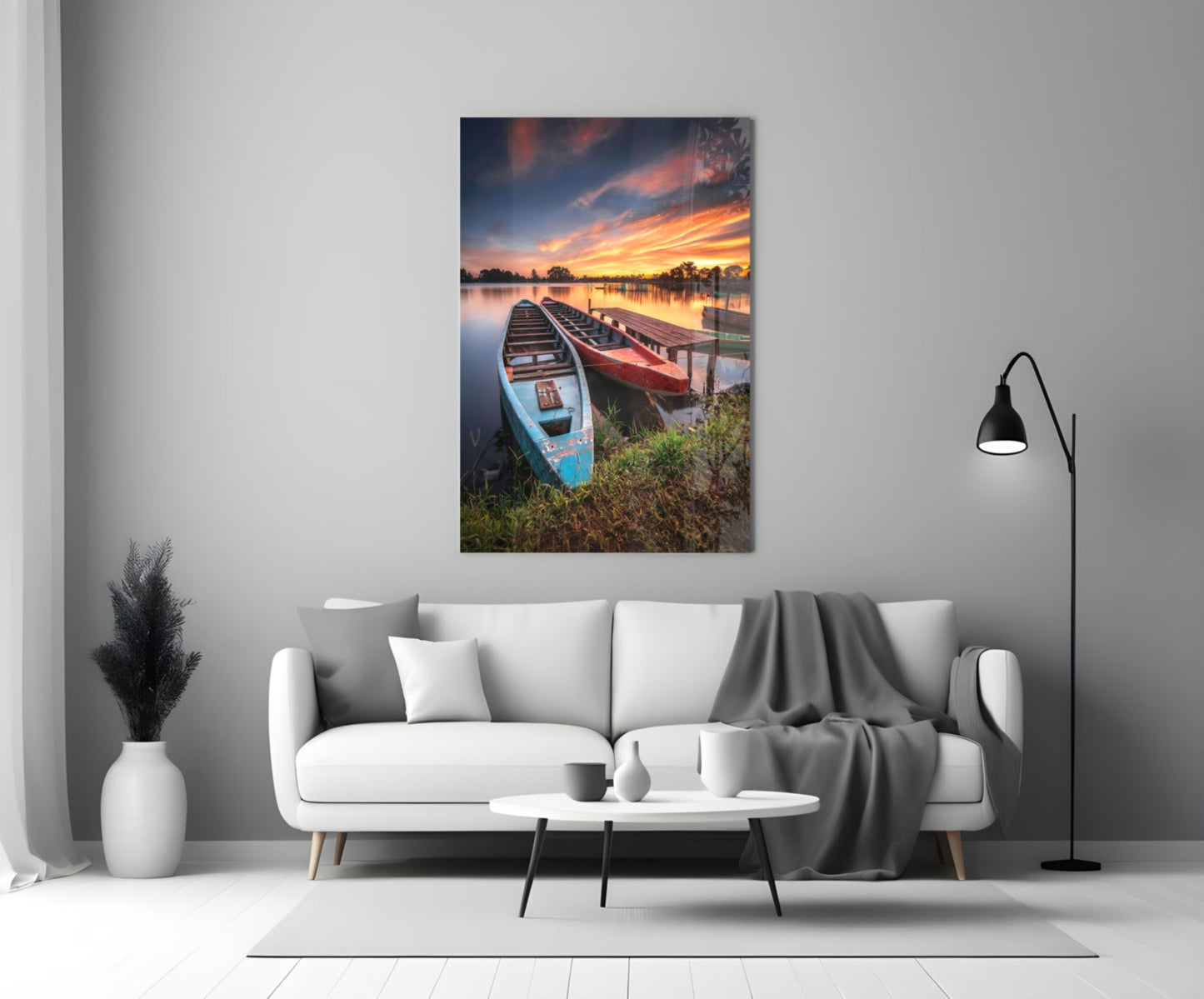Sunset Rowboats at Wooden Dock Glass Wall Art