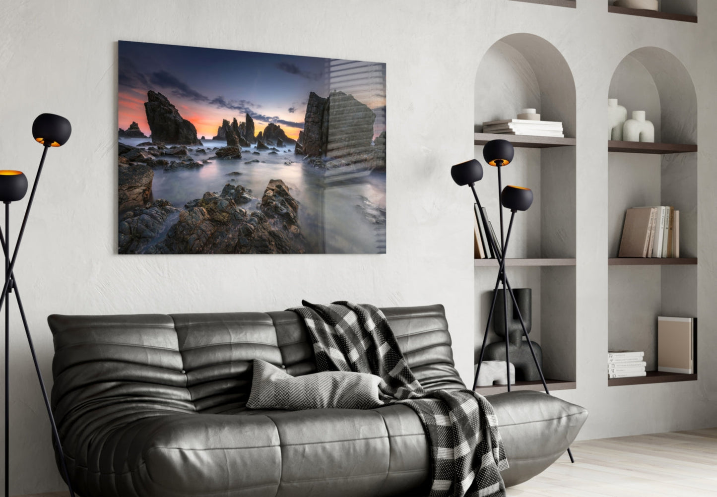 Long Exposure Sea Stacks at Dusk Glass Wall Art