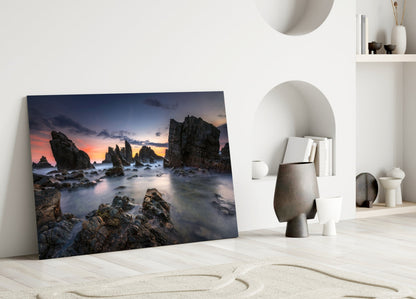 Long Exposure Sea Stacks at Dusk Glass Wall Art