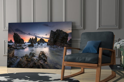 Long Exposure Sea Stacks at Dusk Glass Wall Art