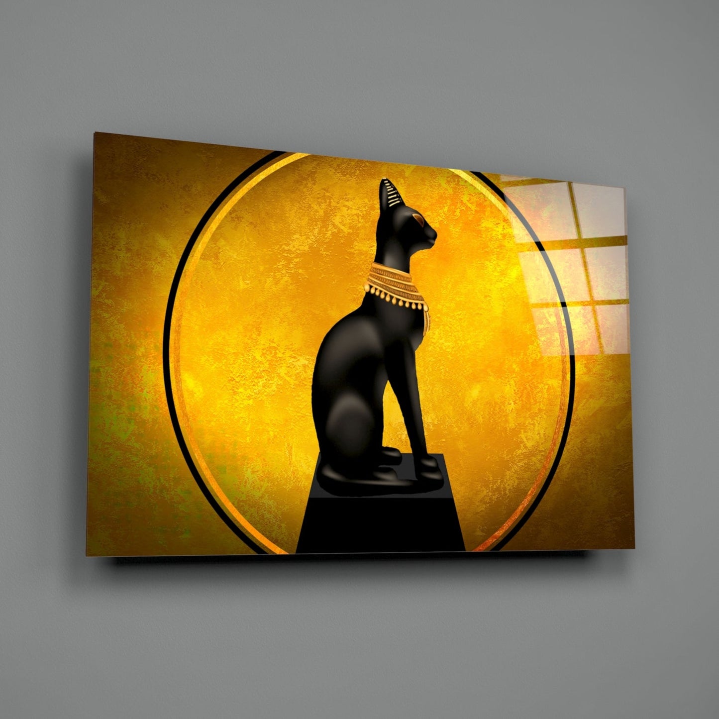 Egyptian Cat Statue Gold Moon Glass Wall Art