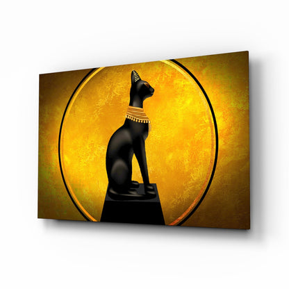 Egyptian Cat Statue Gold Moon Glass Wall Art