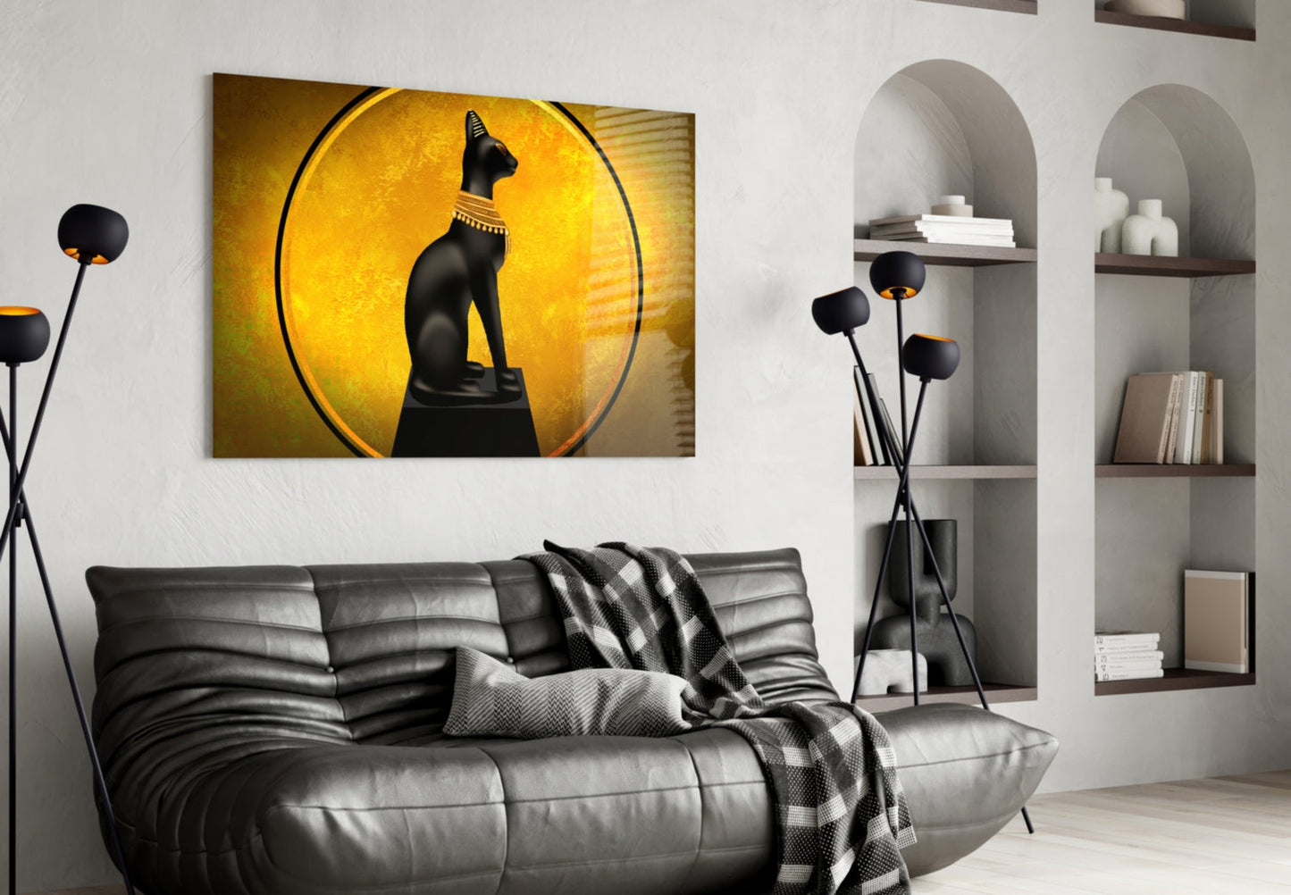 Egyptian Cat Statue Gold Moon Glass Wall Art