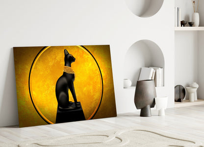 Egyptian Cat Statue Gold Moon Glass Wall Art
