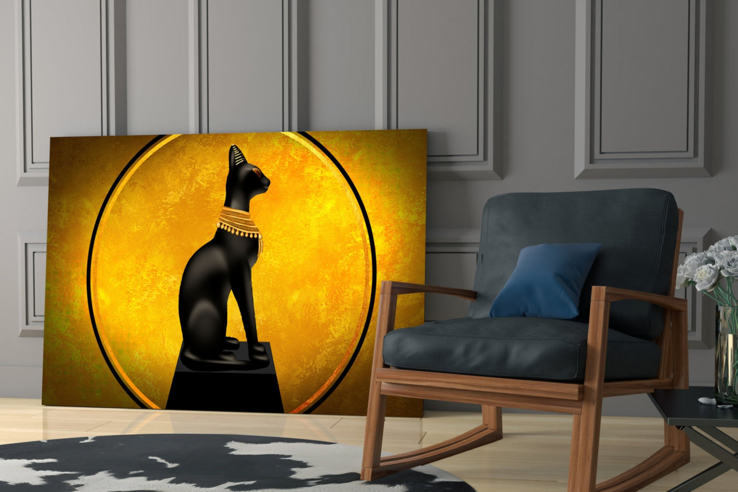 Egyptian Cat Statue Gold Moon Glass Wall Art