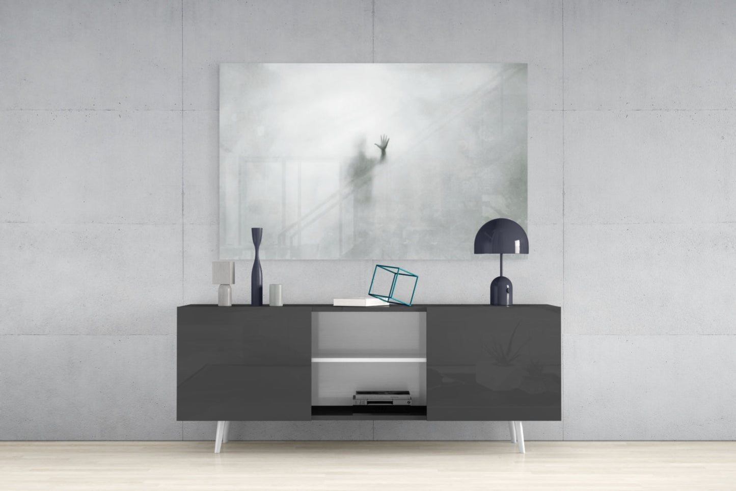 Foggy Pane Reaching Hand Grey Glass Wall Art