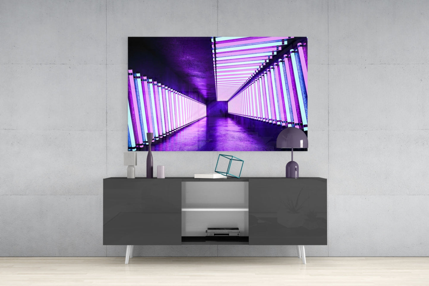 Violet Neon Tube Corridor Glass Wall Art