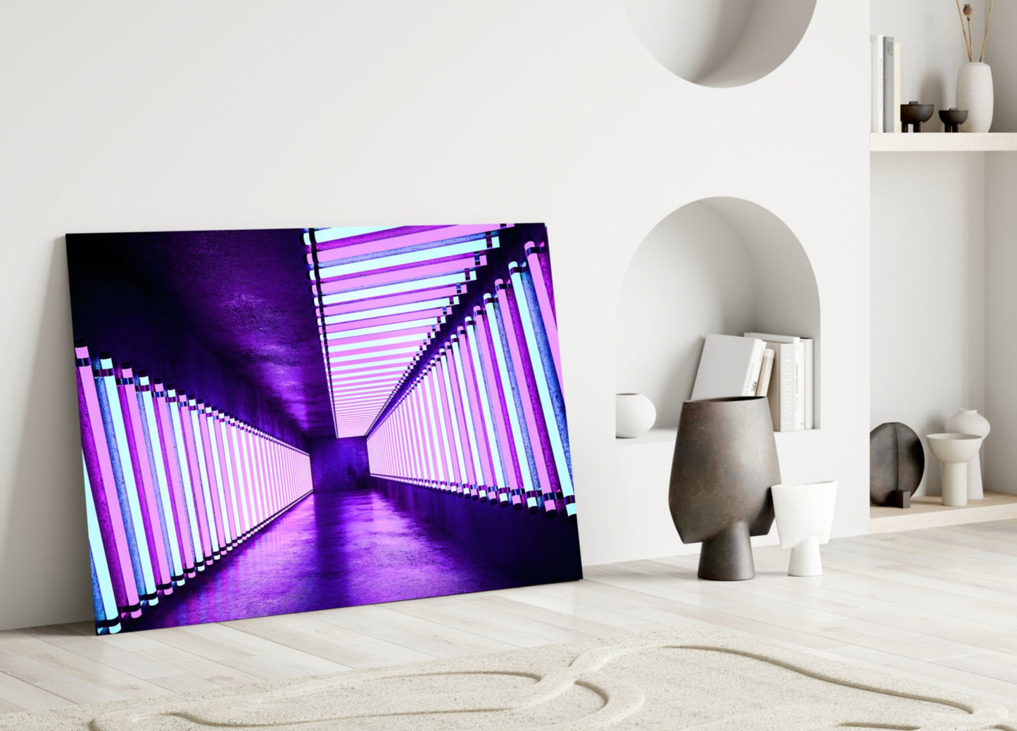 Violet Neon Tube Corridor Glass Wall Art