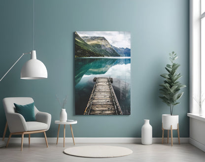 Turquoise Fjord Mountain Jetty Glass Wall Art
