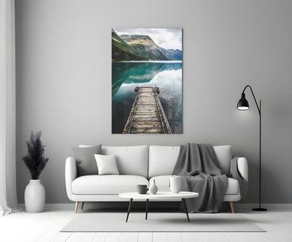 Turquoise Fjord Mountain Jetty Glass Wall Art