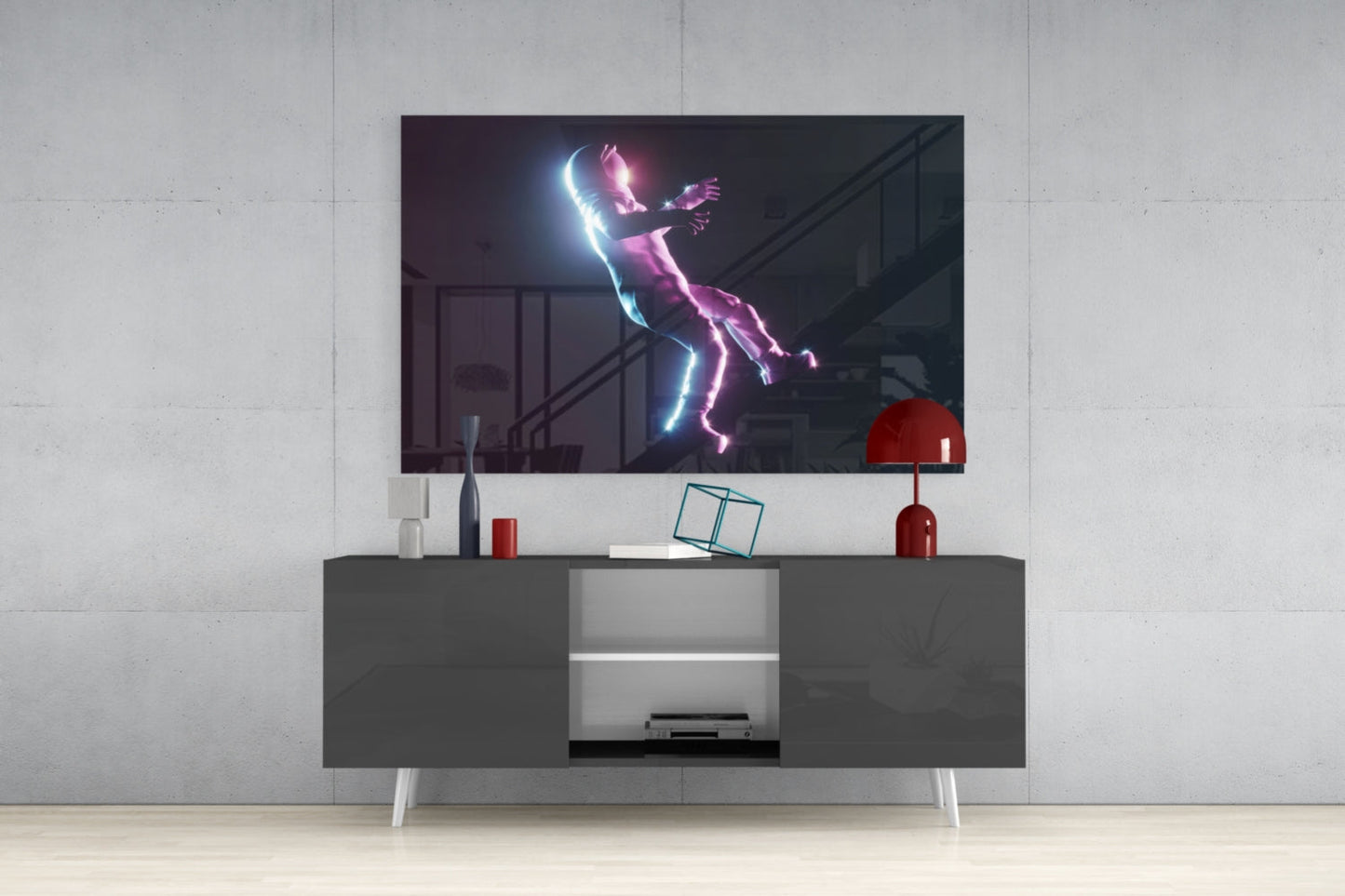 Neon Lit Floating Figure Glass Wall Art