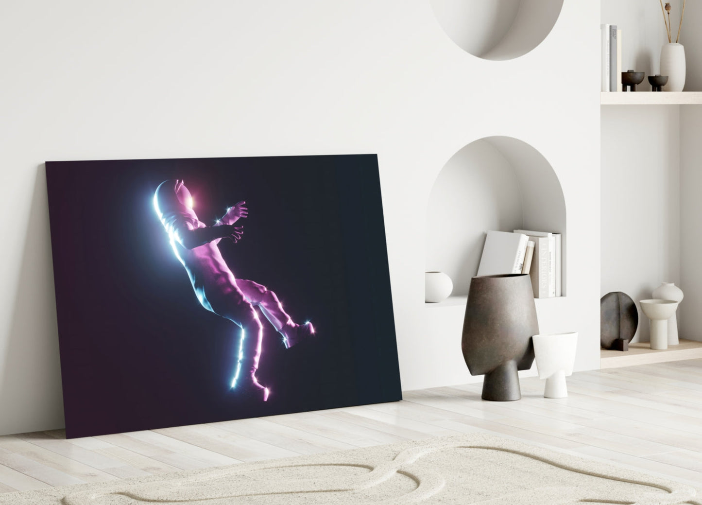 Neon Lit Floating Figure Glass Wall Art