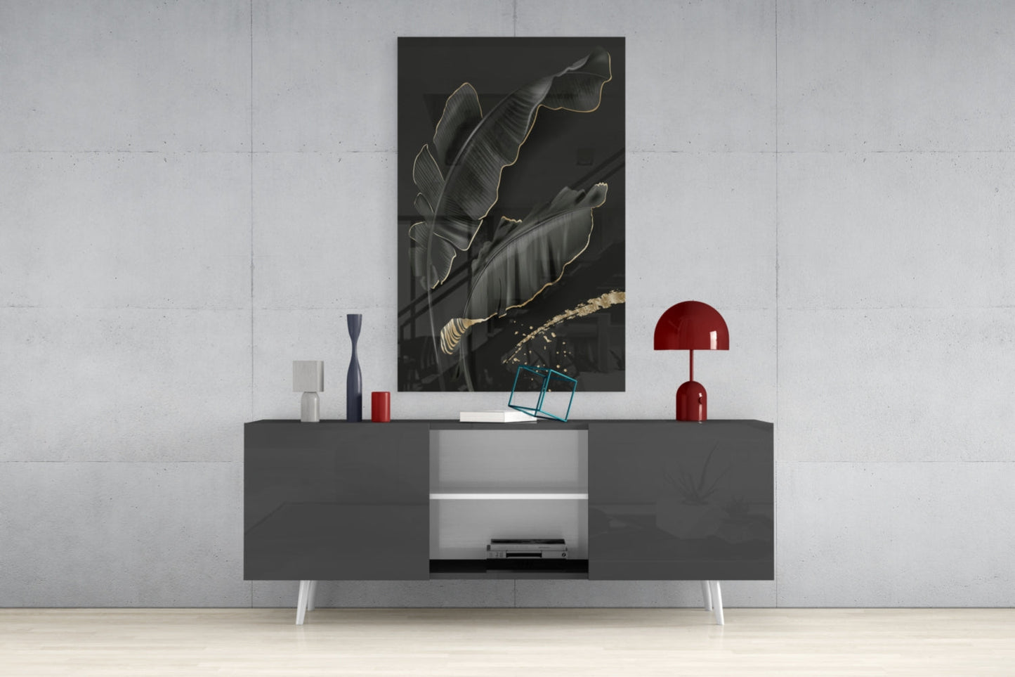 Golden Outline Black Leaves Glass Wall Art