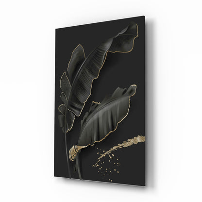 Golden Outline Black Leaves Glass Wall Art
