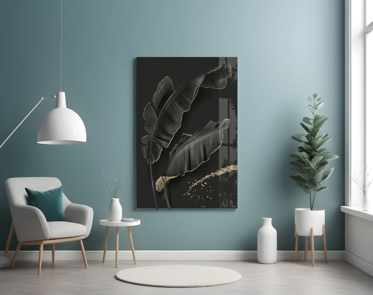 Golden Outline Black Leaves Glass Wall Art