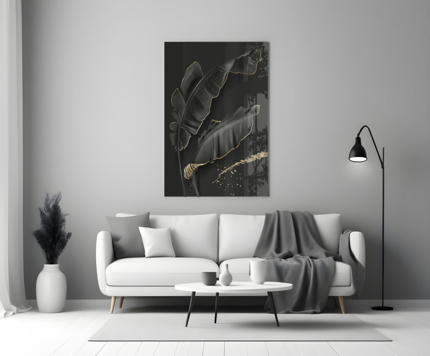 Golden Outline Black Leaves Glass Wall Art