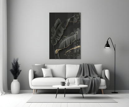 Golden Outline Black Leaves Glass Wall Art