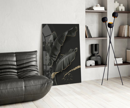 Golden Outline Black Leaves Glass Wall Art