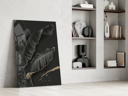 Golden Outline Black Leaves Glass Wall Art