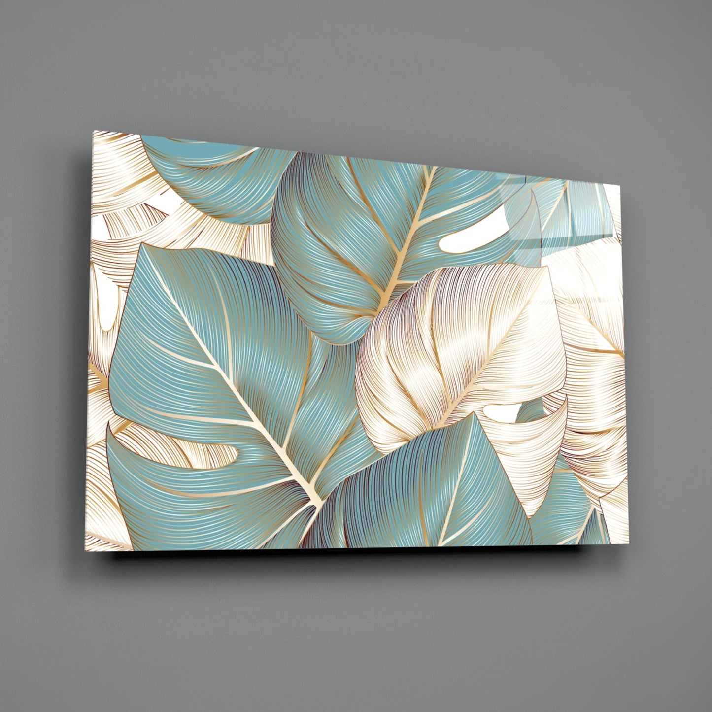 Teal Gold Tropical Leaves Glass Wall Art