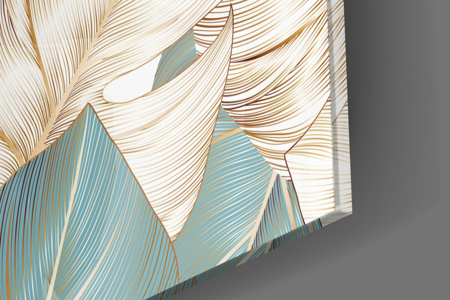 Teal Gold Tropical Leaves Glass Wall Art