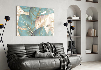 Teal Gold Tropical Leaves Glass Wall Art