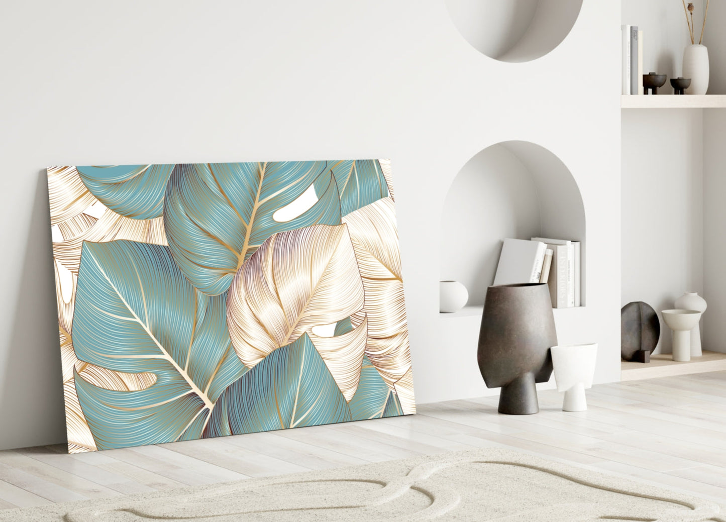 Teal Gold Tropical Leaves Glass Wall Art