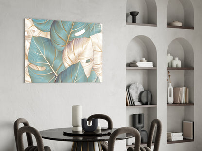 Teal Gold Tropical Leaves Glass Wall Art