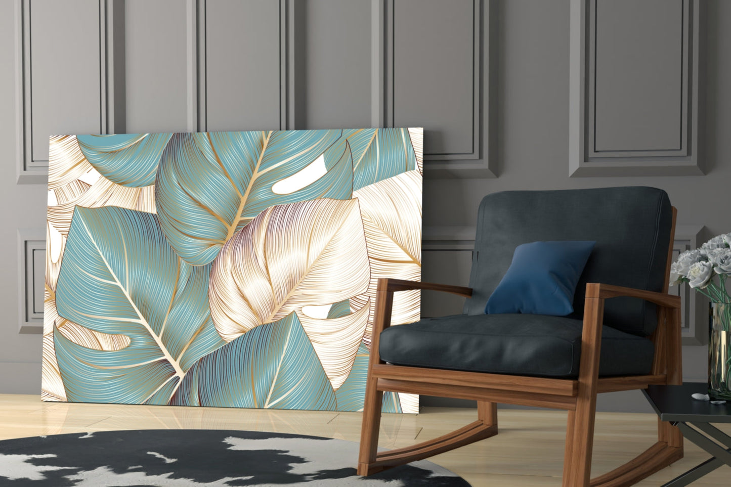 Teal Gold Tropical Leaves Glass Wall Art