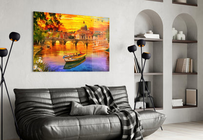 Colorful glass art depicting St. Peter's Basilica at sunset with a boat, displayed above a black leather sofa in a modern living room.