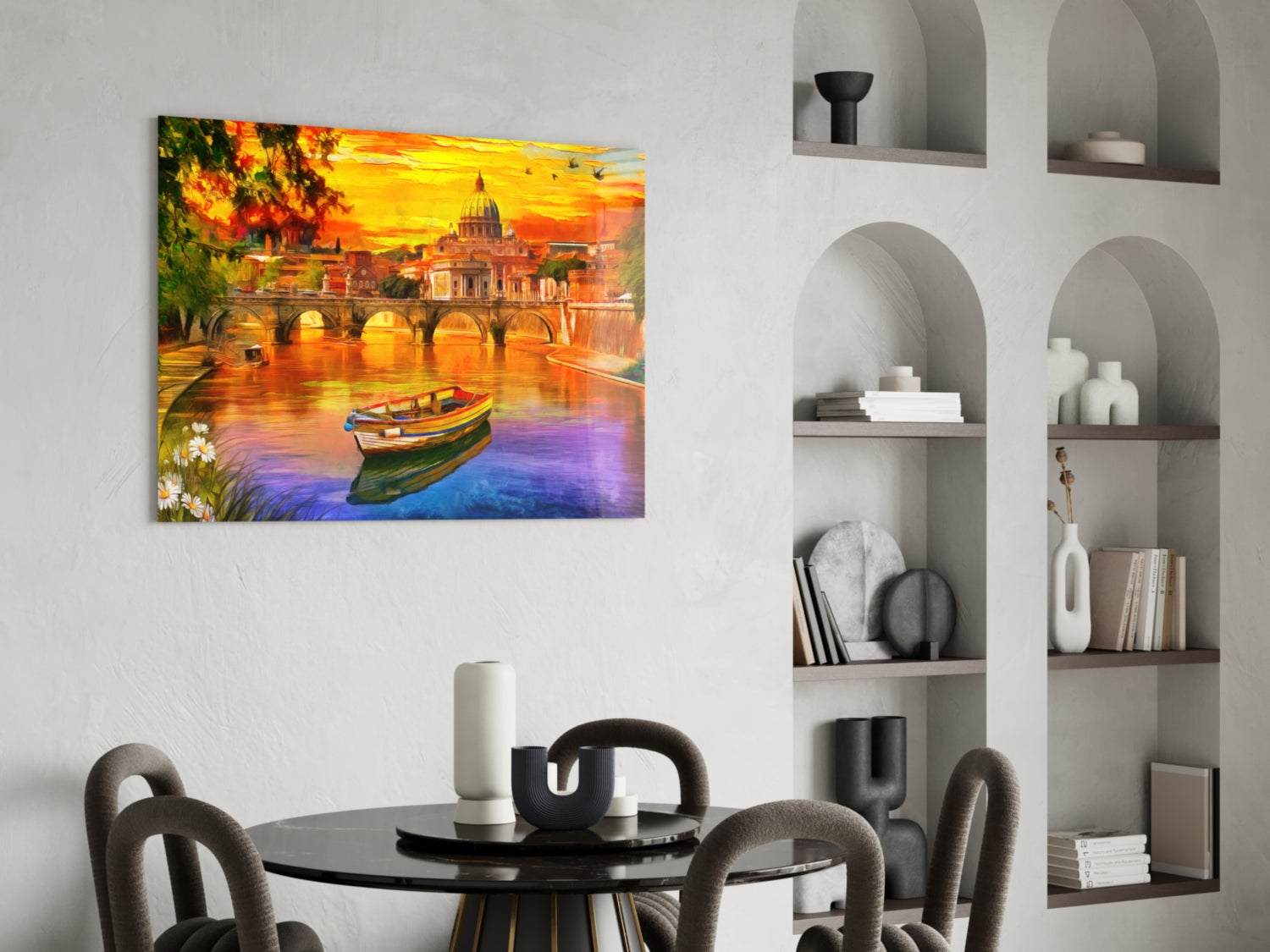 Vibrant glass wall art depicting St. Peter's Basilica at sunset with colorful boat on water, displayed above dining table in modern interior.