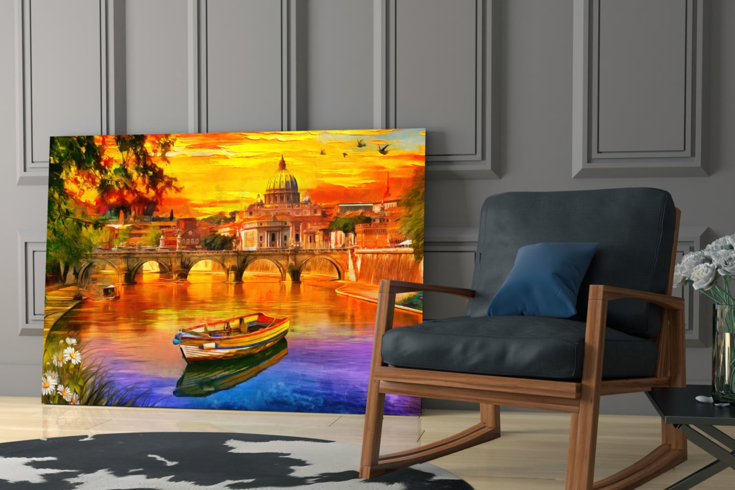 Colorful glass wall art depicting St. Peter's Basilica at sunset with a boat, displayed in modern living room next to wooden chair.