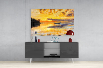 Golden Sunset Rowboats Oil Painting Glass Wall Art