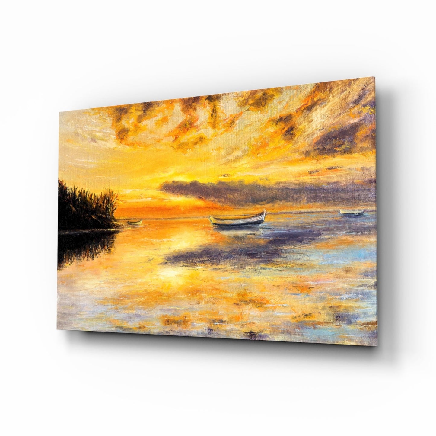 Golden Sunset Rowboats Oil Painting Glass Wall Art