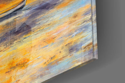 Golden Sunset Rowboats Oil Painting Glass Wall Art