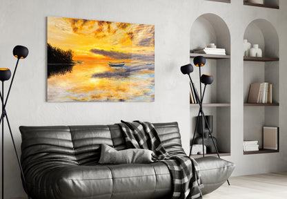 Golden Sunset Rowboats Oil Painting Glass Wall Art