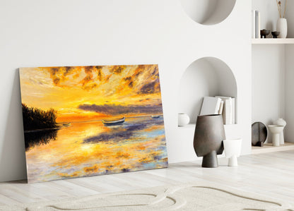 Golden Sunset Rowboats Oil Painting Glass Wall Art