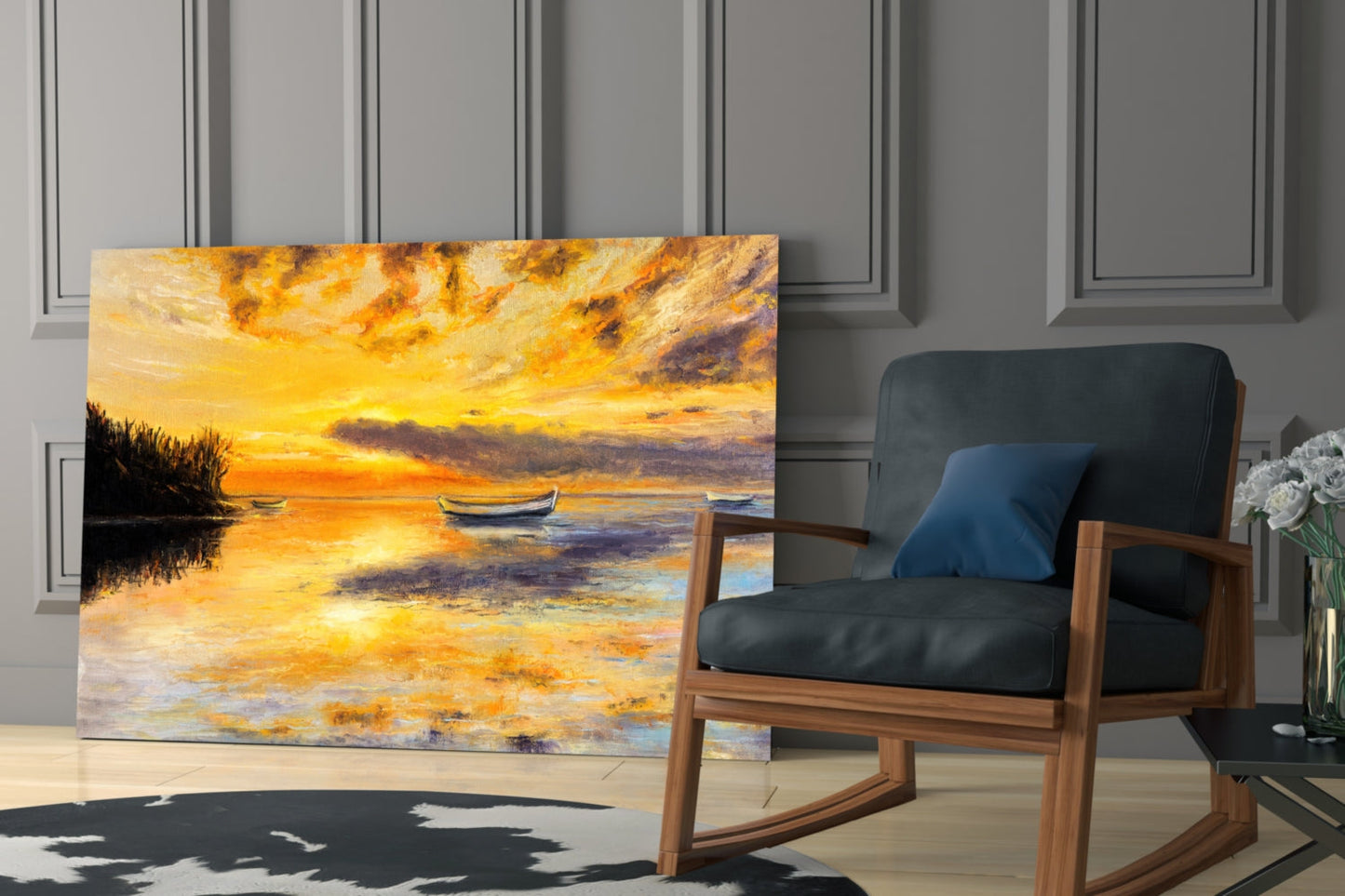 Golden Sunset Rowboats Oil Painting Glass Wall Art