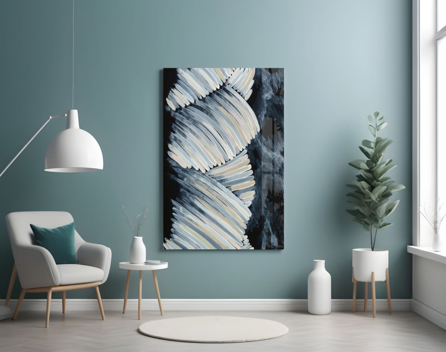 Cream Feather Wings Navy Glass Wall Art