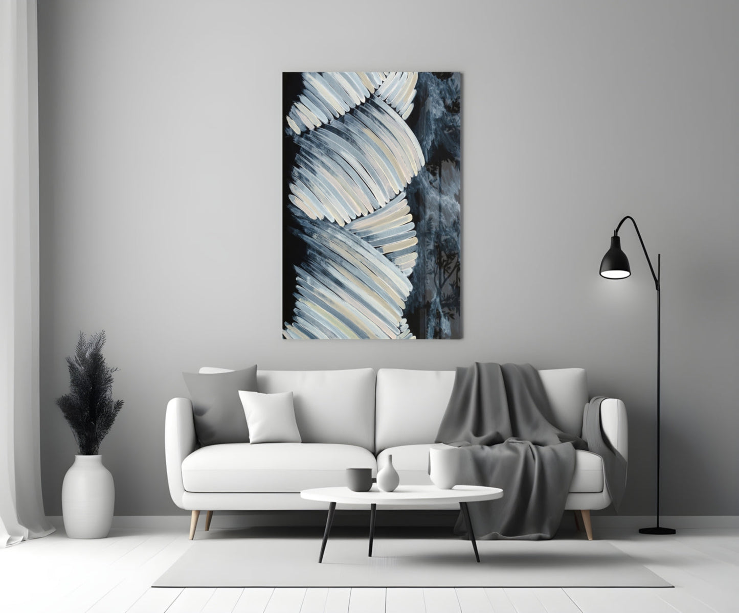 Cream Feather Wings Navy Glass Wall Art