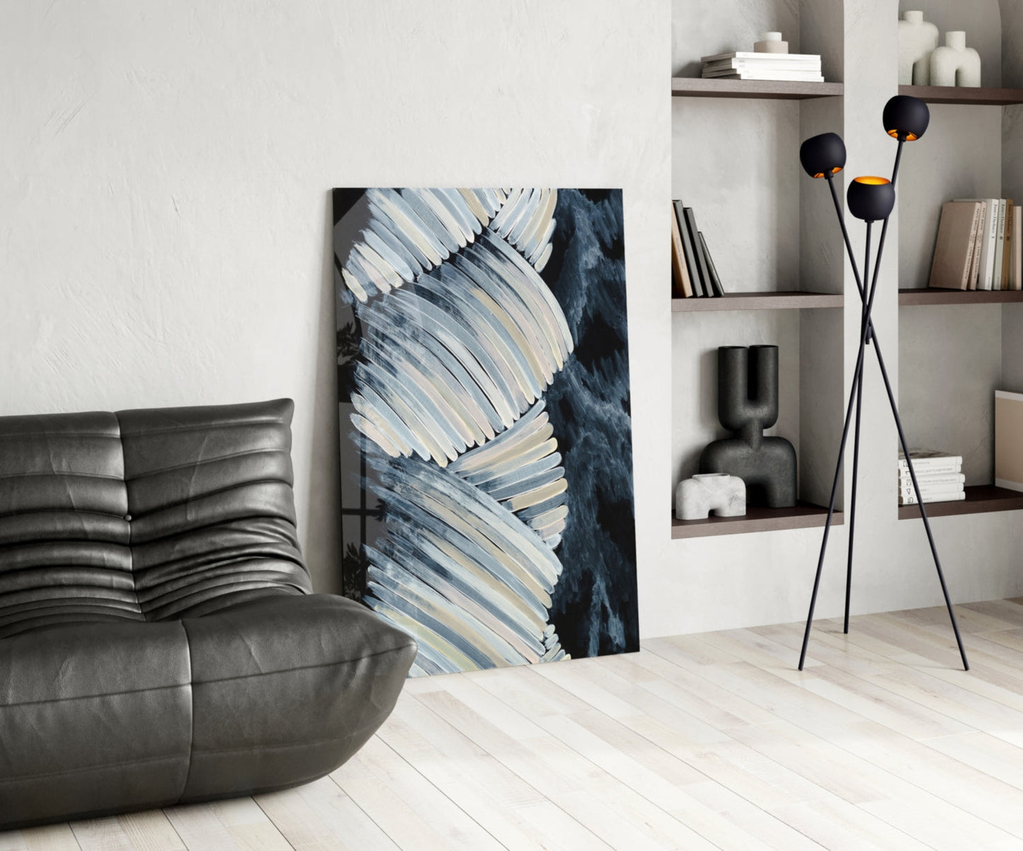 Cream Feather Wings Navy Glass Wall Art