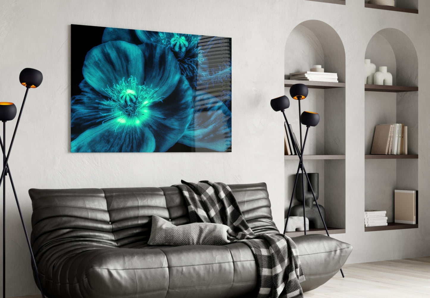 Turquoise Glowing Poppy Petals Glass Wall Art