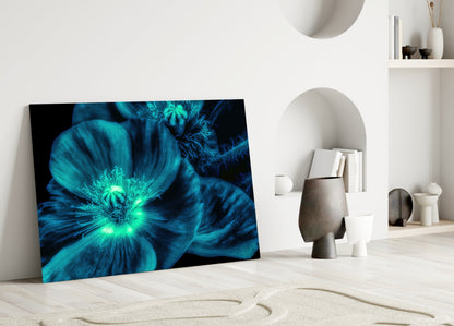 Turquoise Glowing Poppy Petals Glass Wall Art